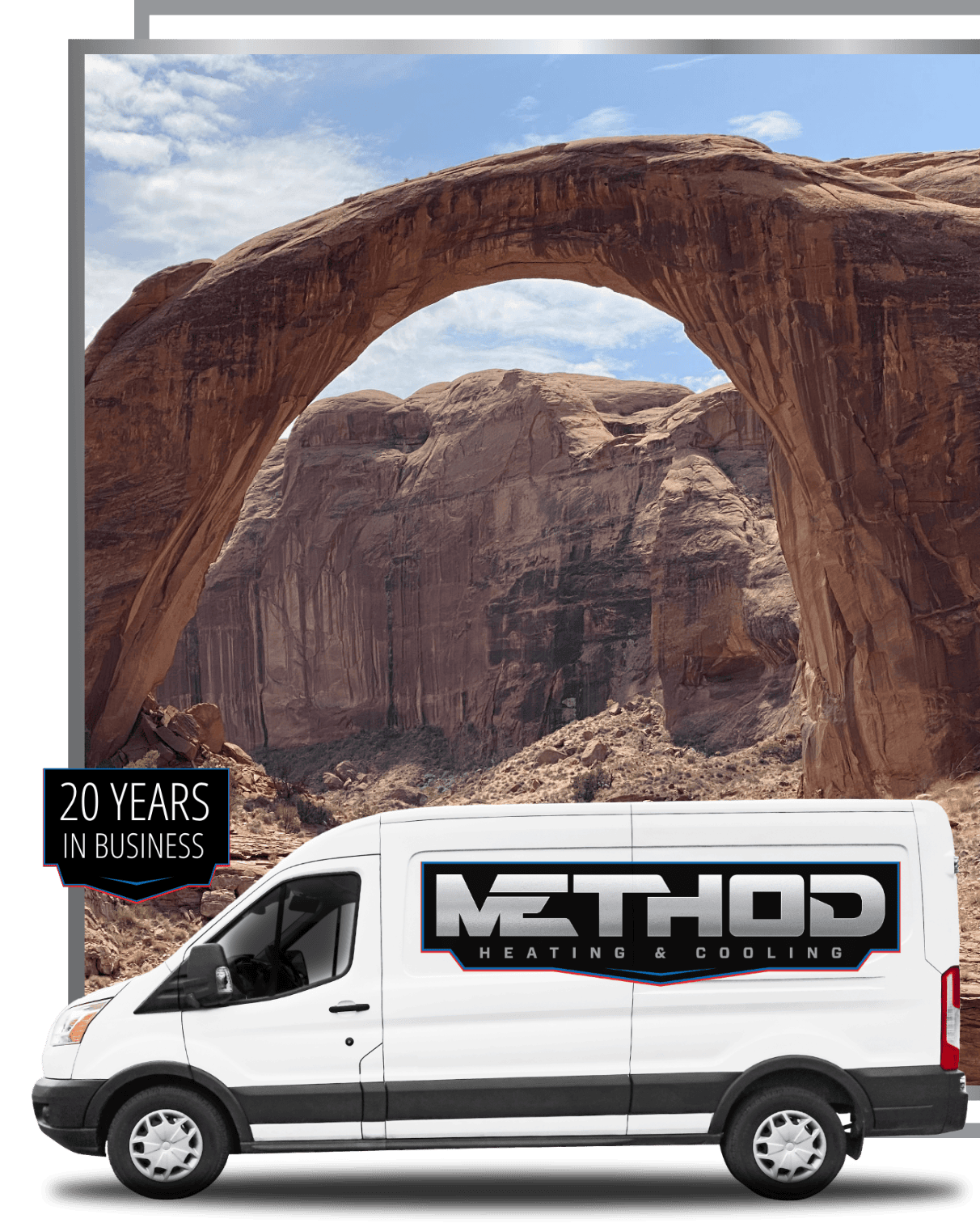 Method Air Heating and Cooling service vehicle with 20 years in business sign above it with Draper, Utah landscape in background.